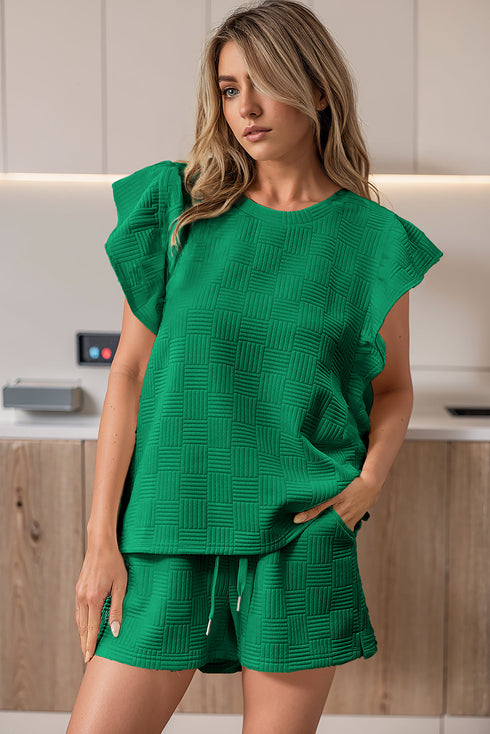 Textured Ruffled Sleeve Tee and Drawstring Shorts Set